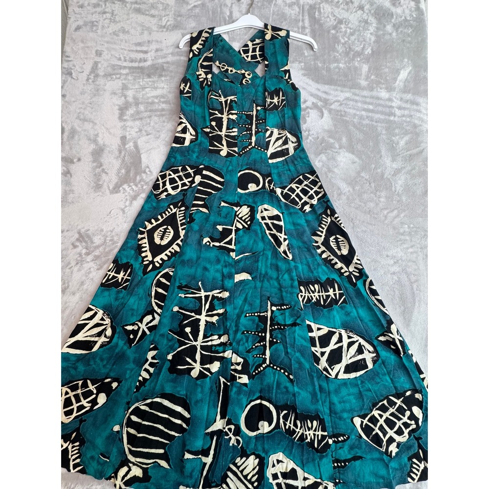 All That Jazz Vintage 90s Teal Black Abstract Batik‎ Criss Cross Maxi Dress 9/10